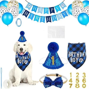 Conjunto de cumpleaños para mascotas perro baba toalla pancarta cumpleaños sombrero globo azul decoración - Imagen 1 de 5