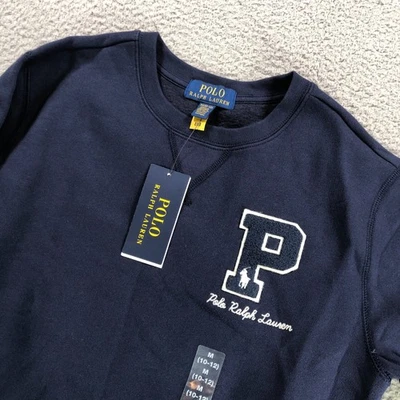 Polo Ralph Lauren Sweatshirt Boys Medium Navy Blue Letterman Patch Crewneck NEW - Image 1 of 4