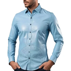 Men’s Blue Leather Shirt Real Lambskin Soft Slim Fit Style for Bold Looks Shirts - Picture 1 of 5