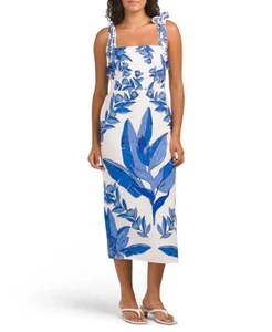NEW CALYPSO ST. BARTH Linen Blend Beaded Strap Placed Print Midi Dress Sz Medium - Picture 1 of 16