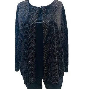 Notations Black Velour Gold Metallic Faux Twin Top Tank Cardigan 3X  Stretch - Picture 1 of 9
