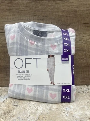 Loft 女式 2X Plus 灰色心形抓绒睡衣套装全新带标签 — 第 1/4 张图片