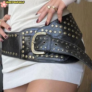 Lady PU Leather Rivet Punk Wide Belt Lady Vintage Waistband for Shirt Dress Belt - Picture 1 of 4