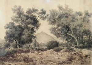 GREAT LANDSCAPE WITH FOREST AND MOUNTAIN. DRAWING. SIGNED R. ALSINA. SPAIN. XXTH - Picture 1 of 1