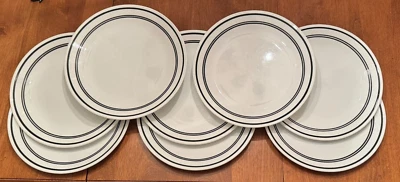Juego de 8 platos de cena de café CORELLE Vitrelle 10,25" blanco 3 bandas de rayas negras en muy buena condición Foto 1 de 4