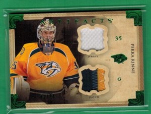 2013-14 UPPER DECK ARTIFACTS PEKKA RINNE DUAL JERSEY PATCH RELIC EMERALD 12/24