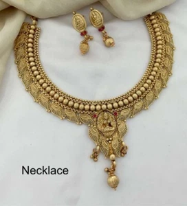 Gold Plated Bollywood Style Indian Choker Necklace Red Ruby Pearl Jewelry Set - Picture 1 of 6