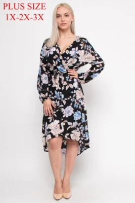 Vestido envolvente floral negro talla grande para mujer 1XL manga larga alto bajo Foto 1 de 4