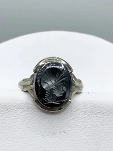10k White Gold Carved Cameo Intaglio Roman Soldier Hematite Ring - Sz 5 - Picture 1 of 10