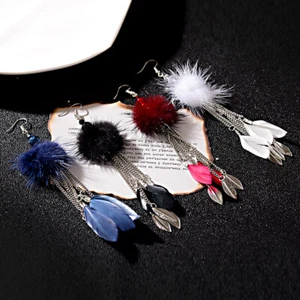 2020 Women Round Wool Long Chain Tassel Earring Drop Leave Feather Hook Earrings - Picture 1 of 35