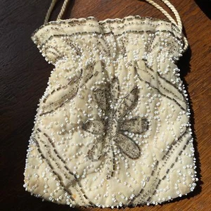 Vintage Antique Silk Floral Beaded Drawstring Pouch Purse - Picture 1 of 5