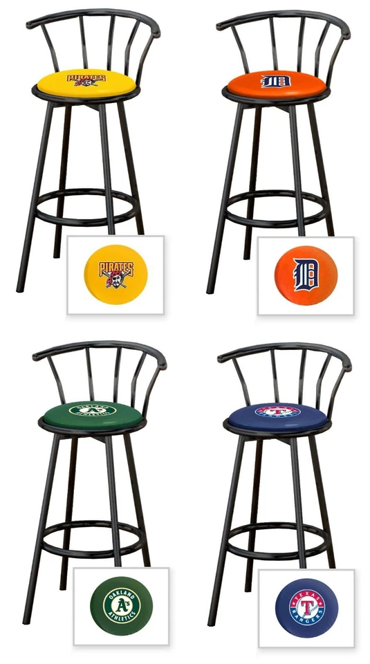 THE FURNITURE KING MLB Bar Stool 24" or 29" Tall Black Metal Swivel Seat with Backrest Team Logos
