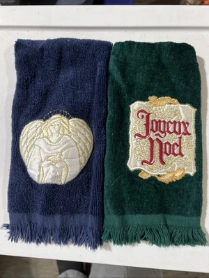 Lote Conjunto 2 Toalhas Decorativas de Natal com Ponta de Dedo Azul Verde Angel Joyeux Noel - Imagem 1 de 4