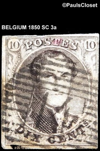 BELGIUM 1850 SC 3aKING LEOPOLD I 10c BROWN THICK PAPER USED IMPERF FINE - Picture 1 of 2