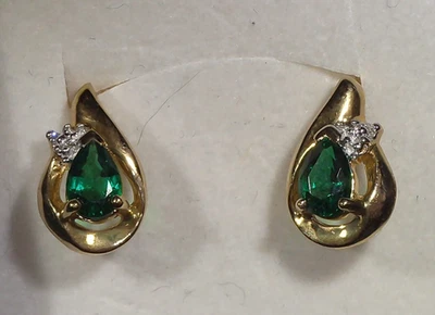 10K Yellow Gold Created Emerald With Diamond Accents Post Earrings - Image 1 of 4