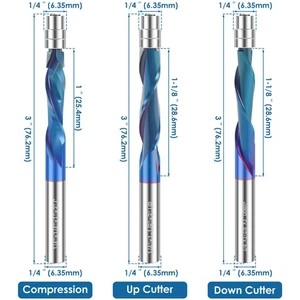 3Pcs 1/4inch Shank Spiral Flush Trim Router Bit Set Carbide Top Bearing CrvPf - Picture 1 of 10