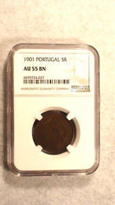 RARE 1901 PORTUGAL FIVE REIS NGC AU55 BN 5R Coin PRICED TO SELL FAST! - Picture 1 of 4