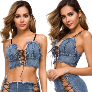 Women Denim Bra Lace UP Crop Top Jeans Camisole Vest Sleeveless Tank Tops Club - Picture 1 of 9