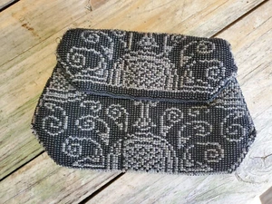 Vintage Abendtasche Clutch Handtasche Umschlag schwarz Perlen Satin Druckknopfverschluss Tasche - Bild 1 von 8