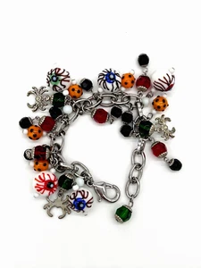 Vintage Halloween Bettelarmband Kunst Glasperlen Augapfel Metall Spinne groß - Bild 1 von 12