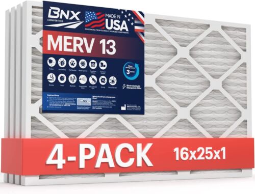 BNX 16x25x1 MERV 13 Furnace Air Filter, 4 Pack MADE IN USA HVAC AC Furnace