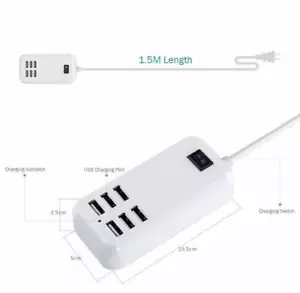 4 FOOT (1.5M) WALL PLUG EXTENSION CORD 6 USB PORT HUB 5V-4A 4 SLOT CHARGER CABLE - Picture 1 of 13