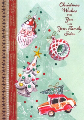 Adornos de árbol y coche de Santa en tarjeta de Navidad azul-verde para hermana y familia Foto 1 de 2