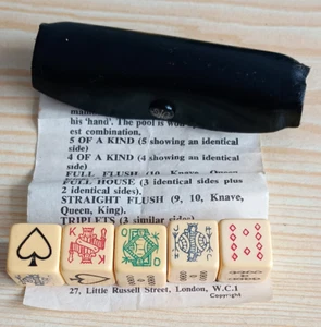 Poker Dice In Leather Snap Case, Complete with Original Instructions Vintage - Picture 1 of 6