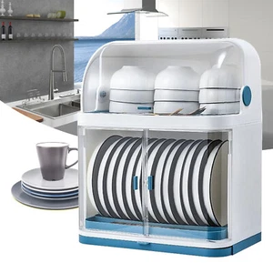 2 Tier Kitchen Dish Drainer Shelf Tray Dust-proof Box Cutlery Drying Rack Storag - Picture 1 of 17