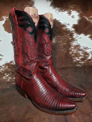 Lucchese Teju Lizard Dark Red Leather Western Cowboy Boots Mens Size 9 D - Image 1 of 4