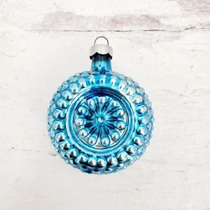 Ornamento natalizio vintage Heidt vetro soffiato blu bumpy doppia rientranza 3" - Foto 1 di 6