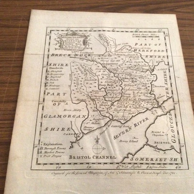 антикварная карта графства МОНМУТШИР ~ Эмануэль Боуэн ~ 1762 R - Изображение 1 из 4