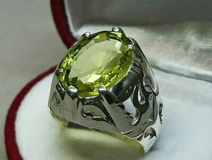 Oval Cut 10 Carat Pale Green Peridot Sterling Silver 925 Handmade Beryl Men Ring - Picture 1 of 12