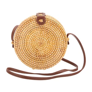 Round Rattan Bag for Women, Straw Crossbody Bags with Brown Lining, Coffee - Picture 1 of 6