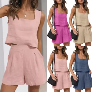 Womens Sleeveless Square Neck 2 Piece Plain Vest Linen Casual Shorts Top Set - Picture 1 of 20