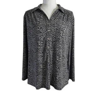 Anne Klein Leopard Print Blouse Jersey Knit Collared Gray Black Stretch Knit Top - Picture 1 of 7