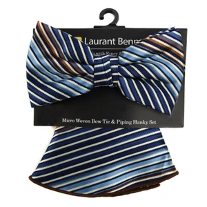 Blue/Brn Striped Banded Bow Tie & Matching Hanky Pocket Round Set - Picture 1 of 1