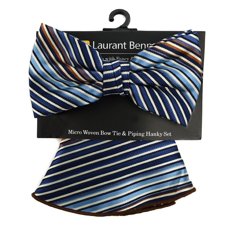 Blue/Brn Striped Banded Bow Tie & Matching Hanky Pocket Round Set - Image 1 of 1