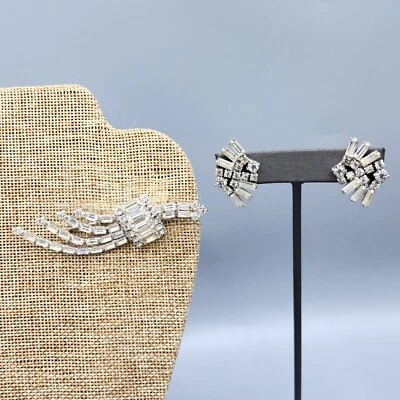 Broche y pendientes cometa baguette chaton transparentes vintage sin firmar Foto 1 de 4