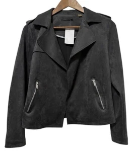 NWT T Tahari Crop Moto Jacket Womens Medium Faux Leather Suede Gray Mobwife - Picture 1 of 8