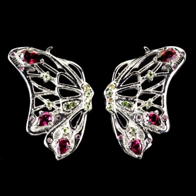 925 Пробы серьги груши родолит перидот драгоценный камень бабочка ювелирные изделия - Изображение 1 из 4