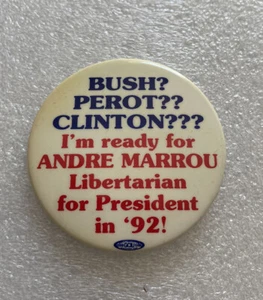 1992 ANDRE MARROU For President in '92 Political Button Libertarian Party 2.25" - Picture 1 of 7