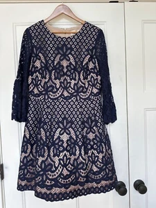Eliza J Kleid Damen 16 Fit Flare Dress Glockenärmel Navy Spitze Nude Unter Cocktail - Bild 1 von 9