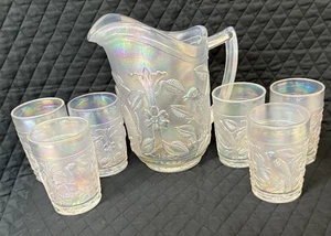 Imperial White Carnival Glass Vintage Embossed Robin Bird Pitcher 6 Glasses - Picture 1 of 15