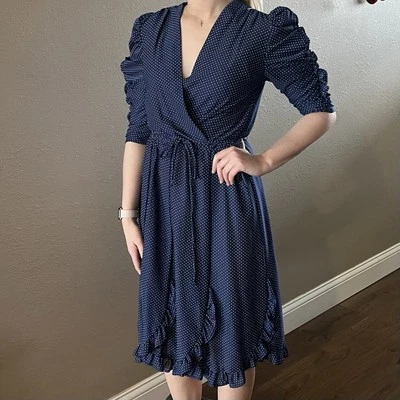 Vestido De Colección David Robin Azul Blanco Lunares Festoneado Volantes Caprichoso 9/10 Pequeño Foto 1 de 4