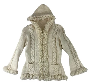 Tamia Hoodie Cardigan Sweater Womens Large Off White Wool Handmade Fisherman Zip - Picture 1 of 9