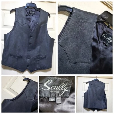 Chaleco de Cuero Scully Para Hombres 42 Negro Vestido Occidental Chaleco Vaquero Forrado Bolsillos Foto 1 de 4