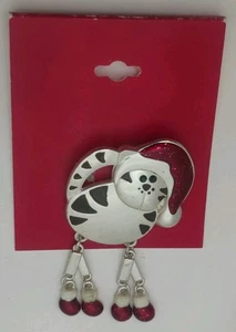 Vintage Kohls Christmas Santa Cat Enamel Brooch Pin Silvertone Dangle Legs Kitty - Picture 1 of 6