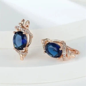 2 Ct Oval Cut Blue Sapphire Simulated Drop/Dangle Earring 14K Rose Gold Plated - Picture 1 of 3