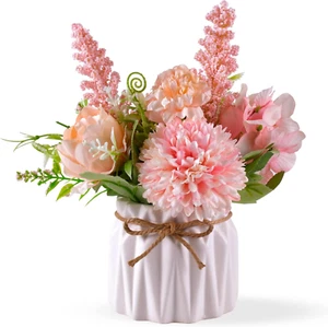Artificial Potted Flowers Pink, Small Ceramic Vase Fake Flower Plants Desktop De - Picture 1 of 12